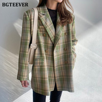 BGTEEVER Vintage luźne kobiety Plaid Blazer 2020 jesień Chic podwójne piersi kobiet kostium z długim rękawem kurtki stylowe panie Blazer 2